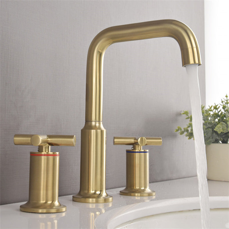 Three-Hole Waterfall Faucet With Brushed Gold Finish For Widespread Bathroom Sink