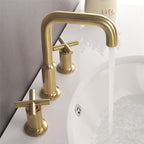 Three-Hole Waterfall Faucet With Brushed Gold Finish For Widespread Bathroom Sink