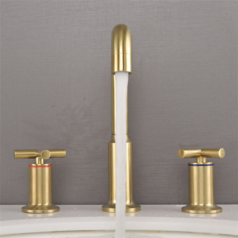 Three-Hole Waterfall Faucet With Brushed Gold Finish For Widespread Bathroom Sink