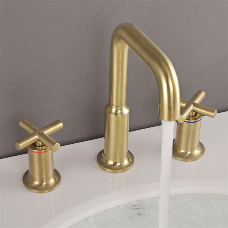 Three-Hole Waterfall Faucet With Brushed Gold Finish For Widespread Bathroom Sink