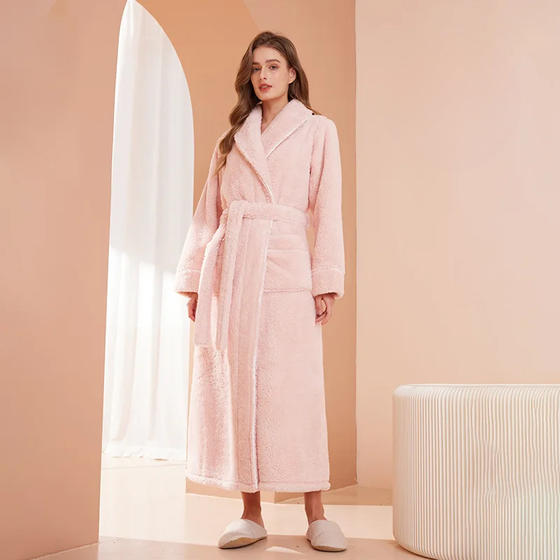 CozyFlannel Winter Robe With Belt And Fold Down Collar