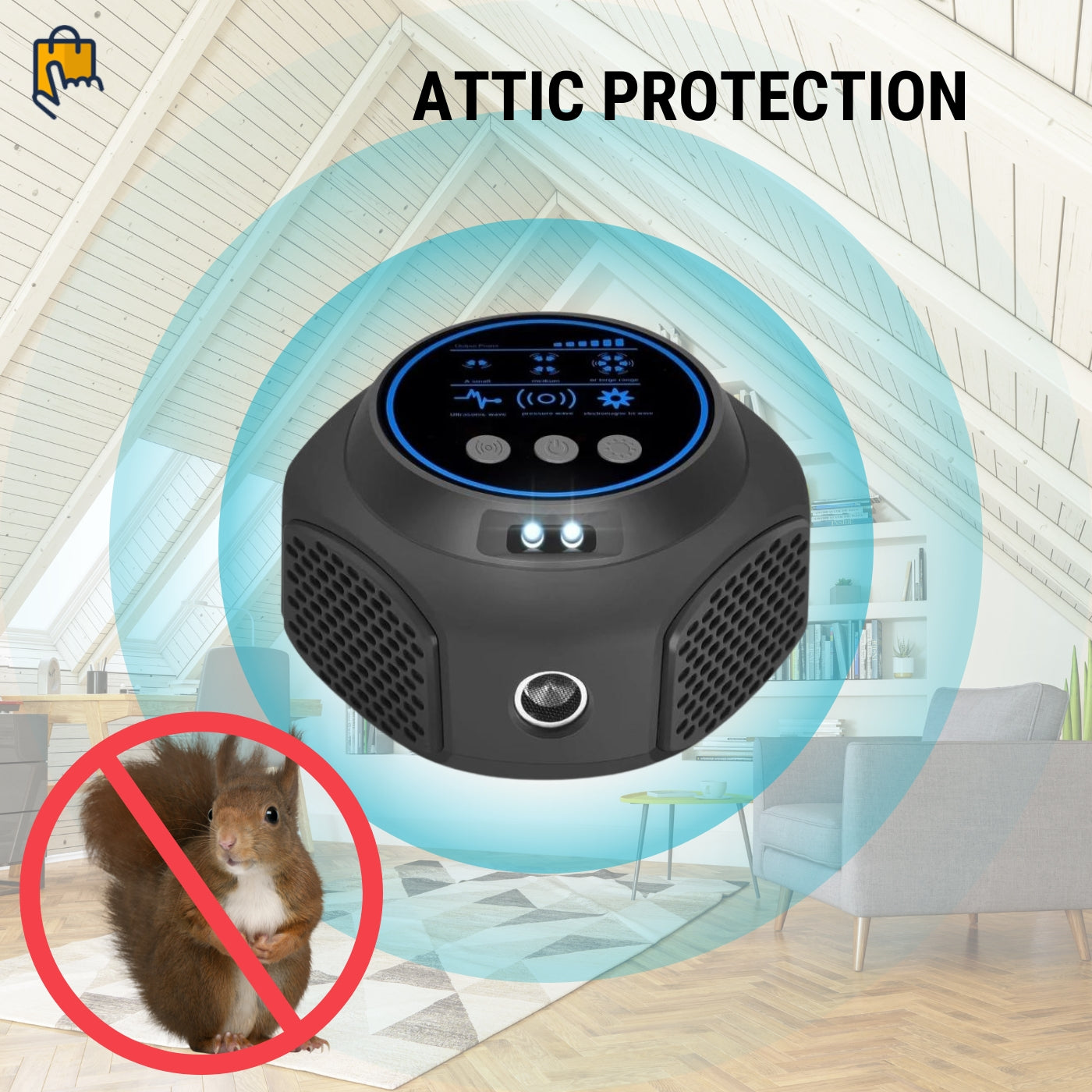 NexaGuard Dispozitiv Ultrasonic pentru Îndepărtarea Veverițelor de Interior cu Acoperire Ultrasonică Completă Pe Toate Părțile