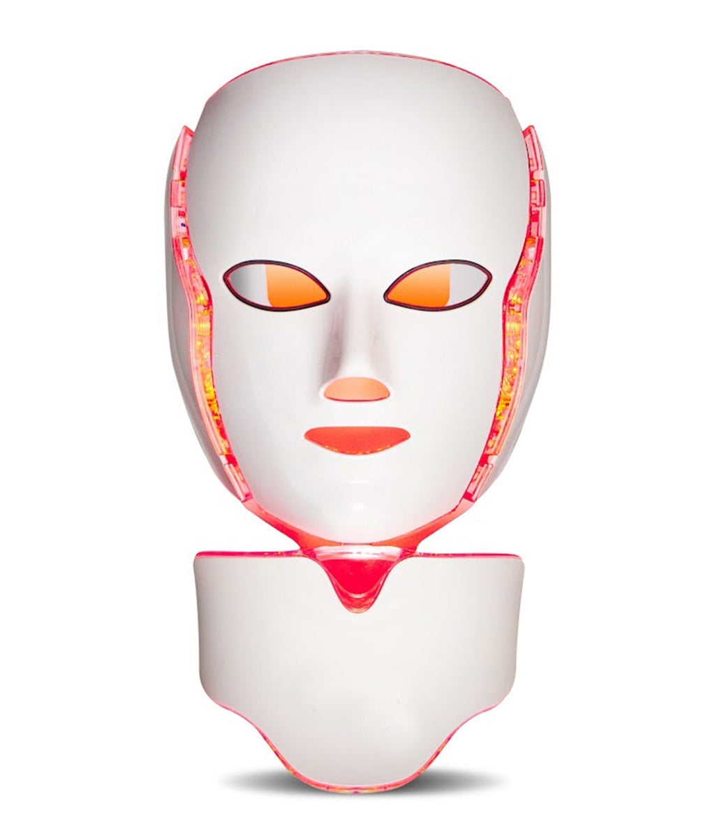 Máscara de terapia de luz LED roja de siete colores para cara y cuello con brillo de spa