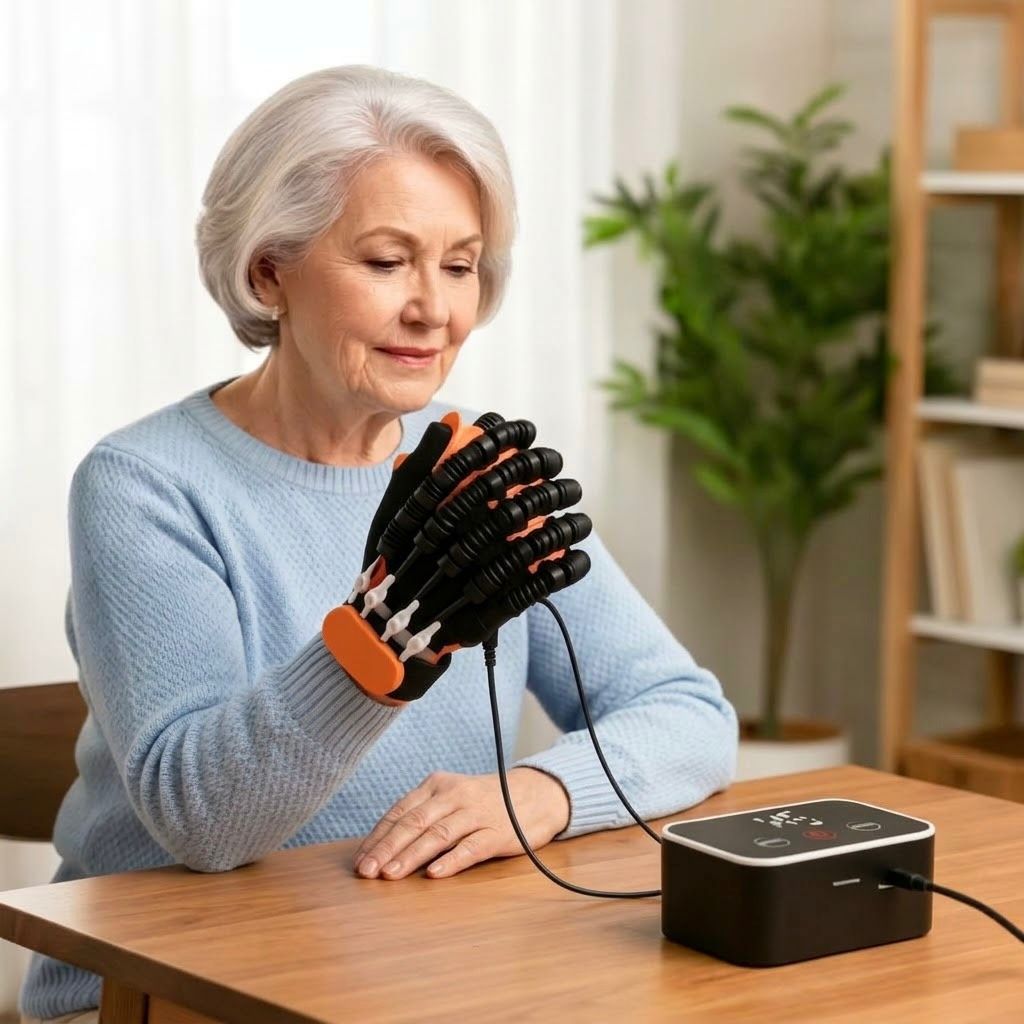 Gant de rééducation de la main autonome avec commandes séparées pour chaque doigt et vue miroir