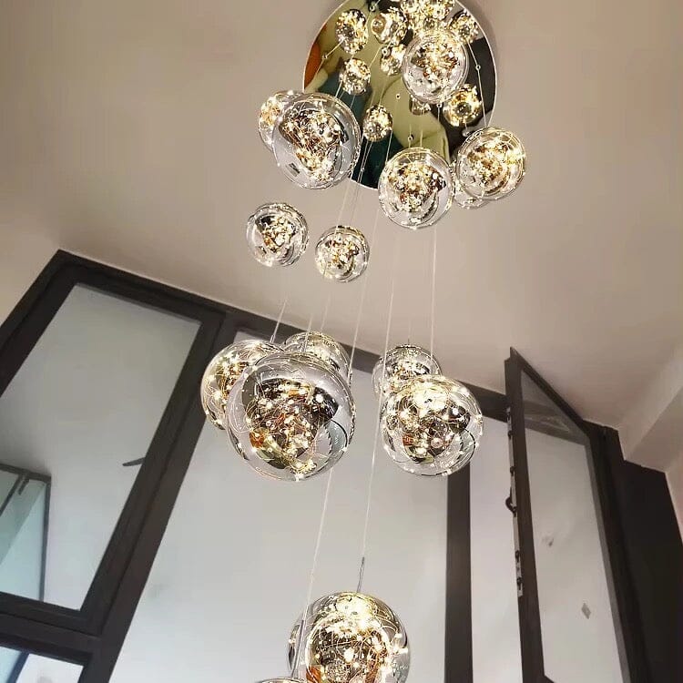 AstraLumen Glass Orb Staircase Chandelier Elevates Stairway Lighting