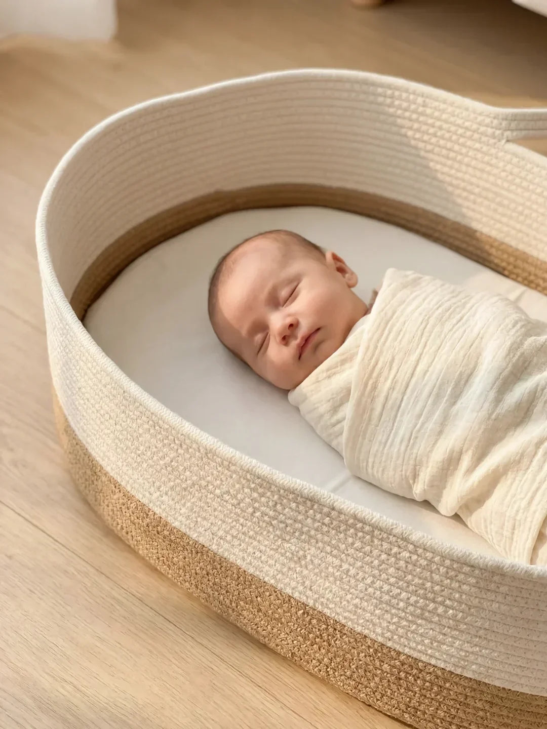 İki Renkli Örgü Bebek Bezi Sepeti ve Yastıklı Mat – Bebek Odası Gereci