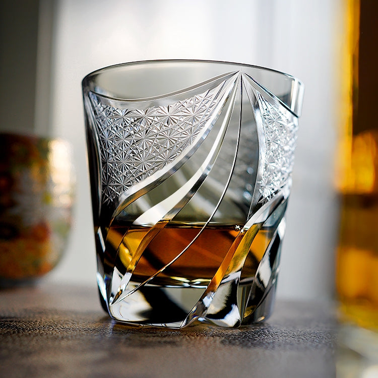 Kireno Whisky Glass With Edo Kiriko Inkstone Flame, Wooden Box Included