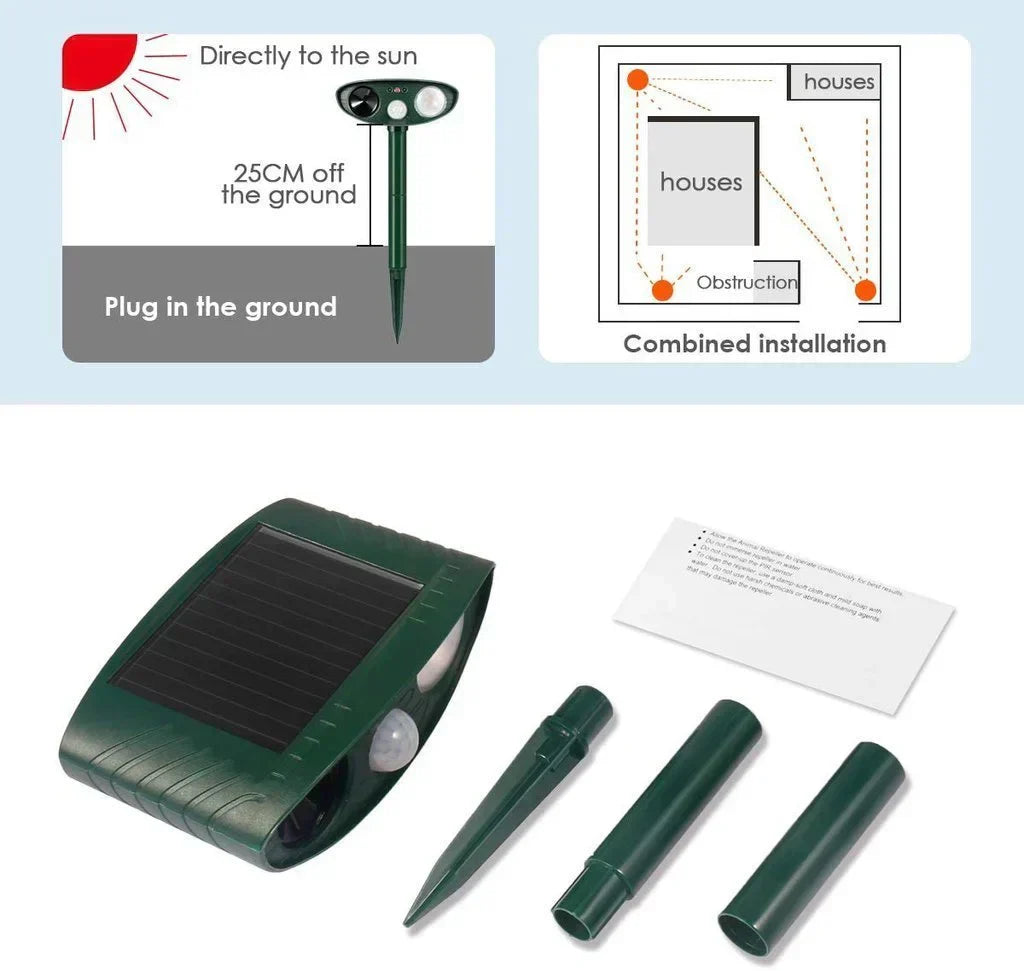 Disuasor de ciervos solar FloraShield con ráfagas ultrasónicas de 2.5 segundos para jardines