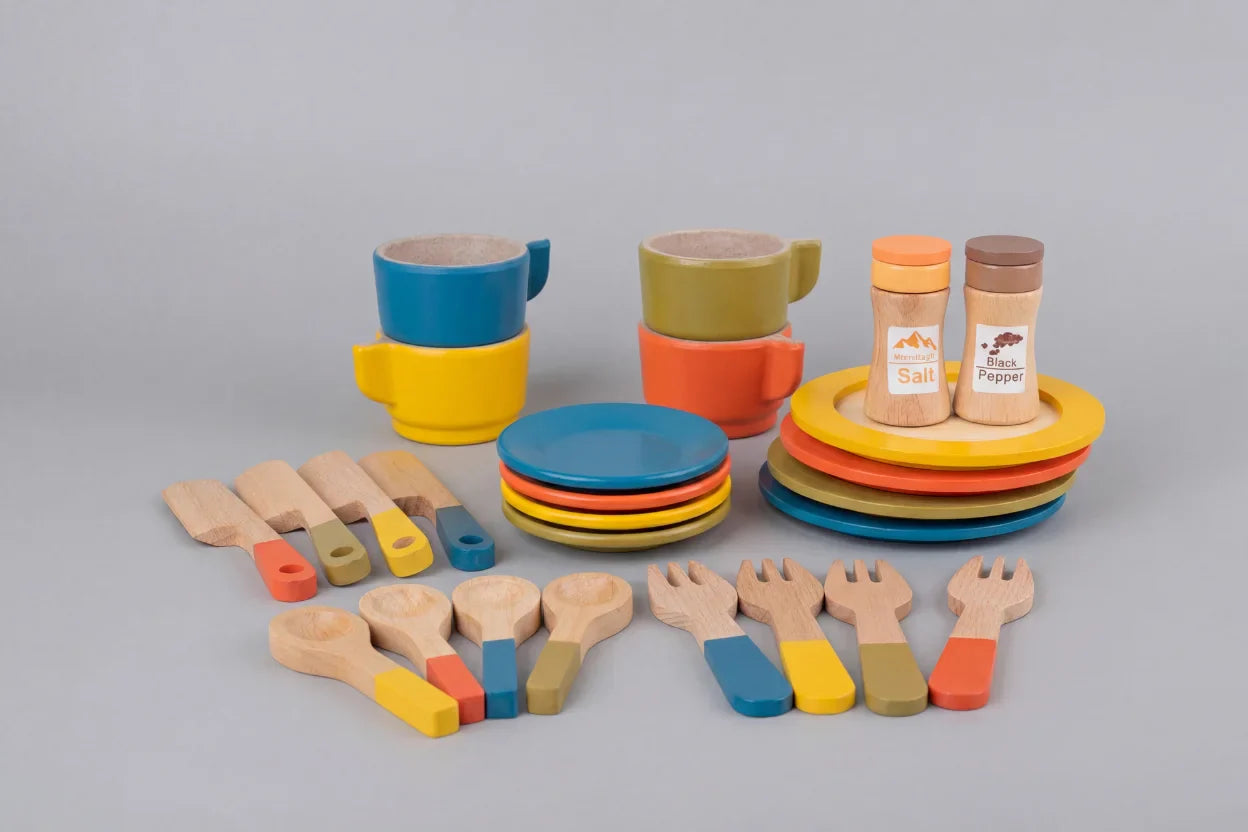 Set Makan Malam Mainan Berpura-pura Kayu untuk Bayi dan Kanak-kanak Kecil