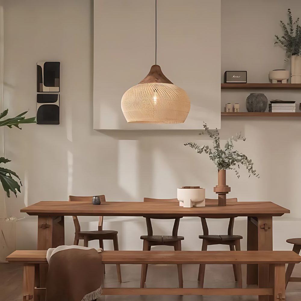 Kevara boho-käsinkudottu rottinkiriippuvalaisin luonnollisella varjostimella