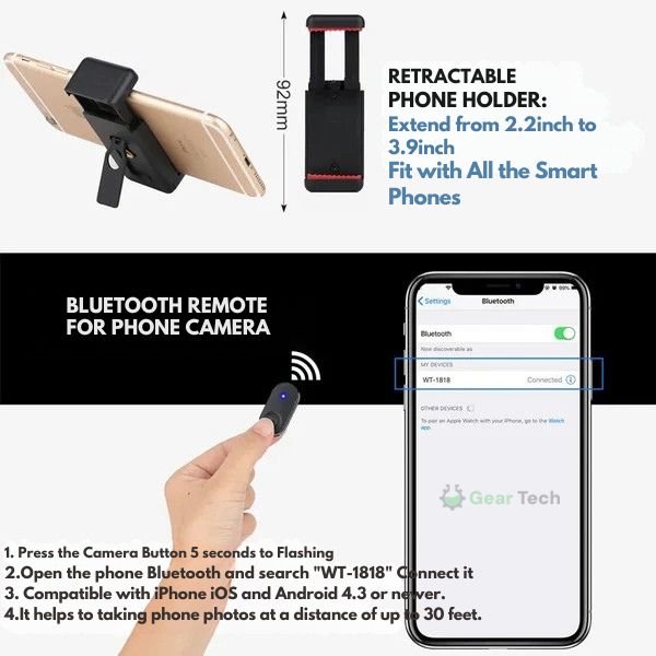 3-in-1 Bluetooth telescopische telefoonstatief met afstandsbediening en selfiehouder