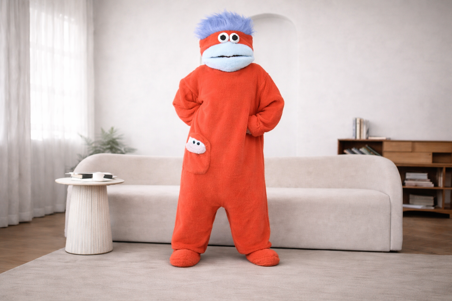 Monster Onesie Nattøjssæt med Overdimensioneret Kam og Matchende Tøfler