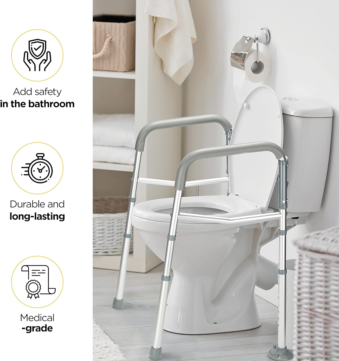 Barra de soporte GripGuard para inodoro para adultos mayores con soporte ajustable