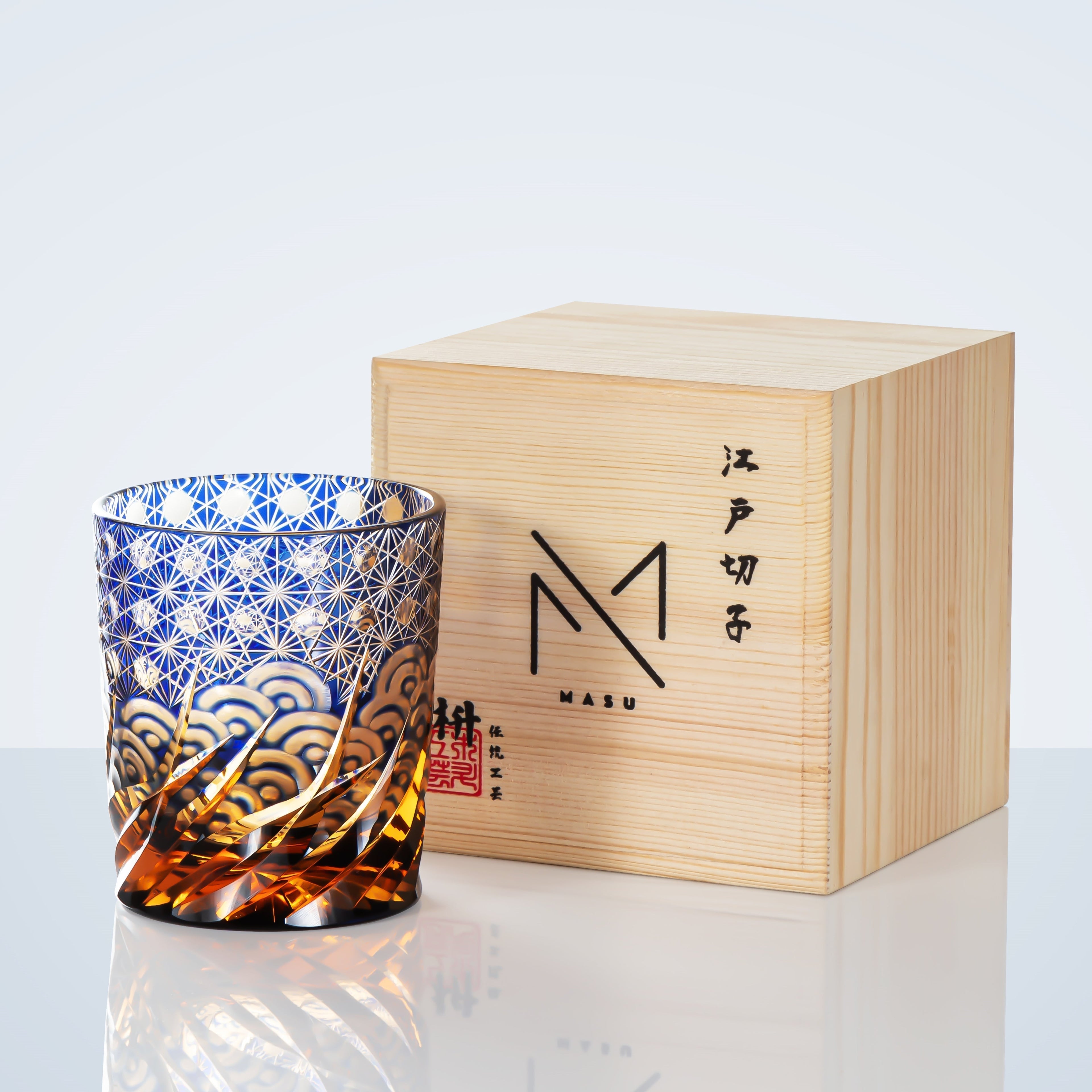 Kirrea ブルーアンバー ウイスキーグラス 木製ボックス入り 手作り