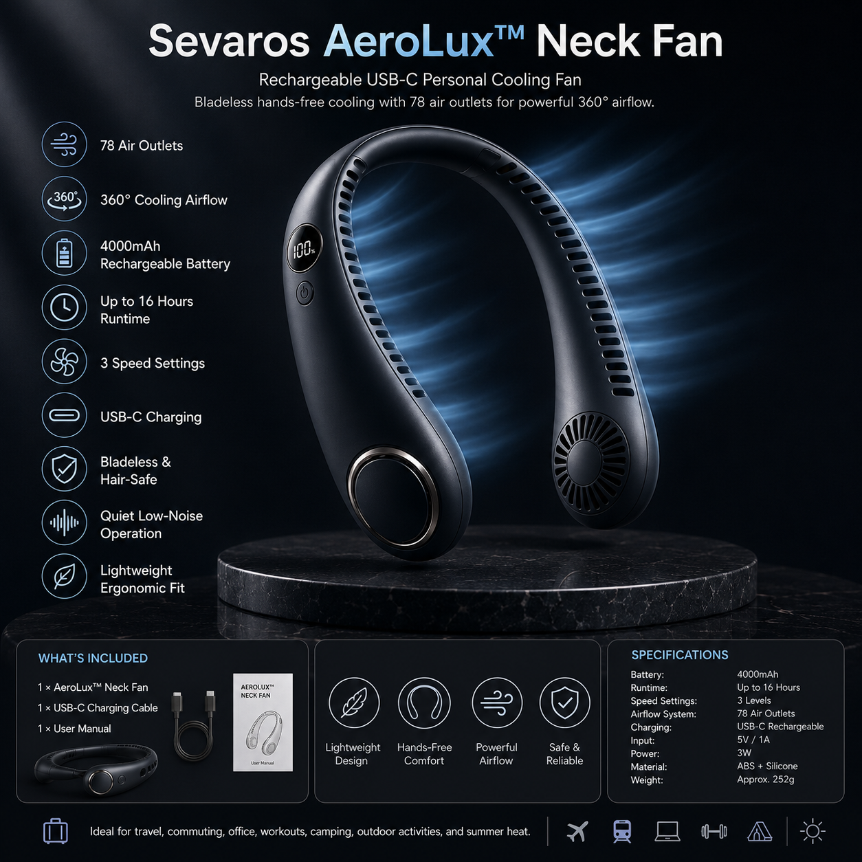 AeroLux Bladeless Nackfläkt, Uppladdningsbar USB C Bärbar Bärbar Kylning