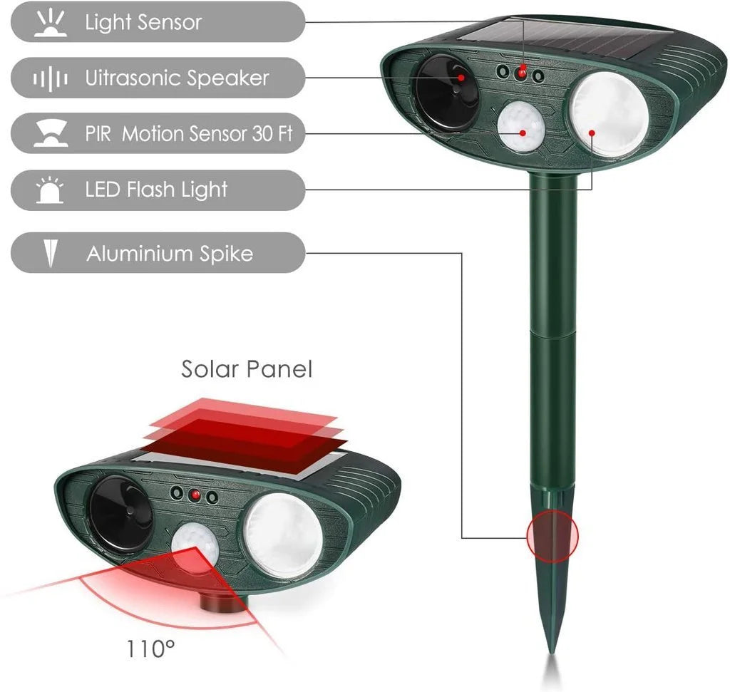 Disuasor de ciervos solar FloraShield con ráfagas ultrasónicas de 2.5 segundos para jardines