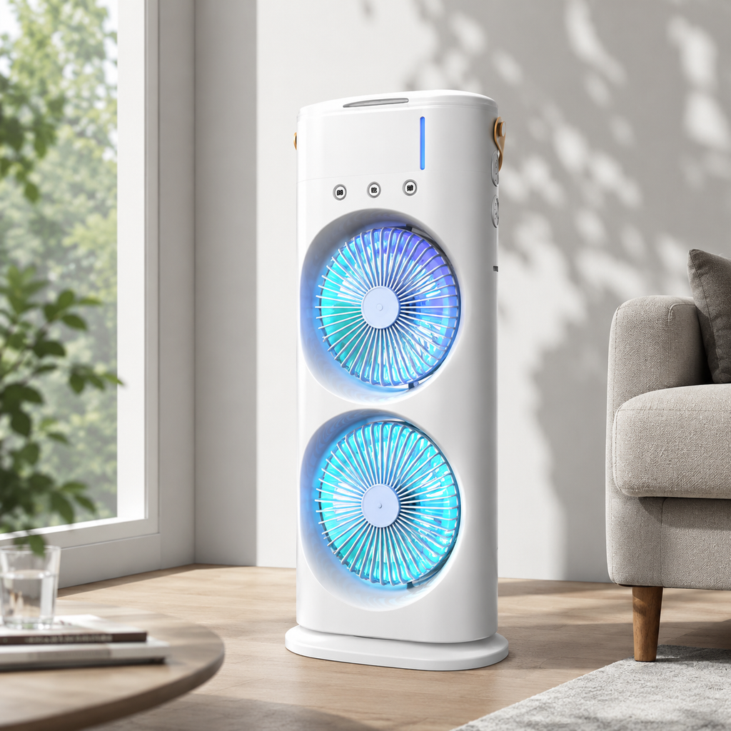 Ventilador nebulizador MistBreeze con cabezales dobles, ventilador de escritorio recargable por USB con control remoto