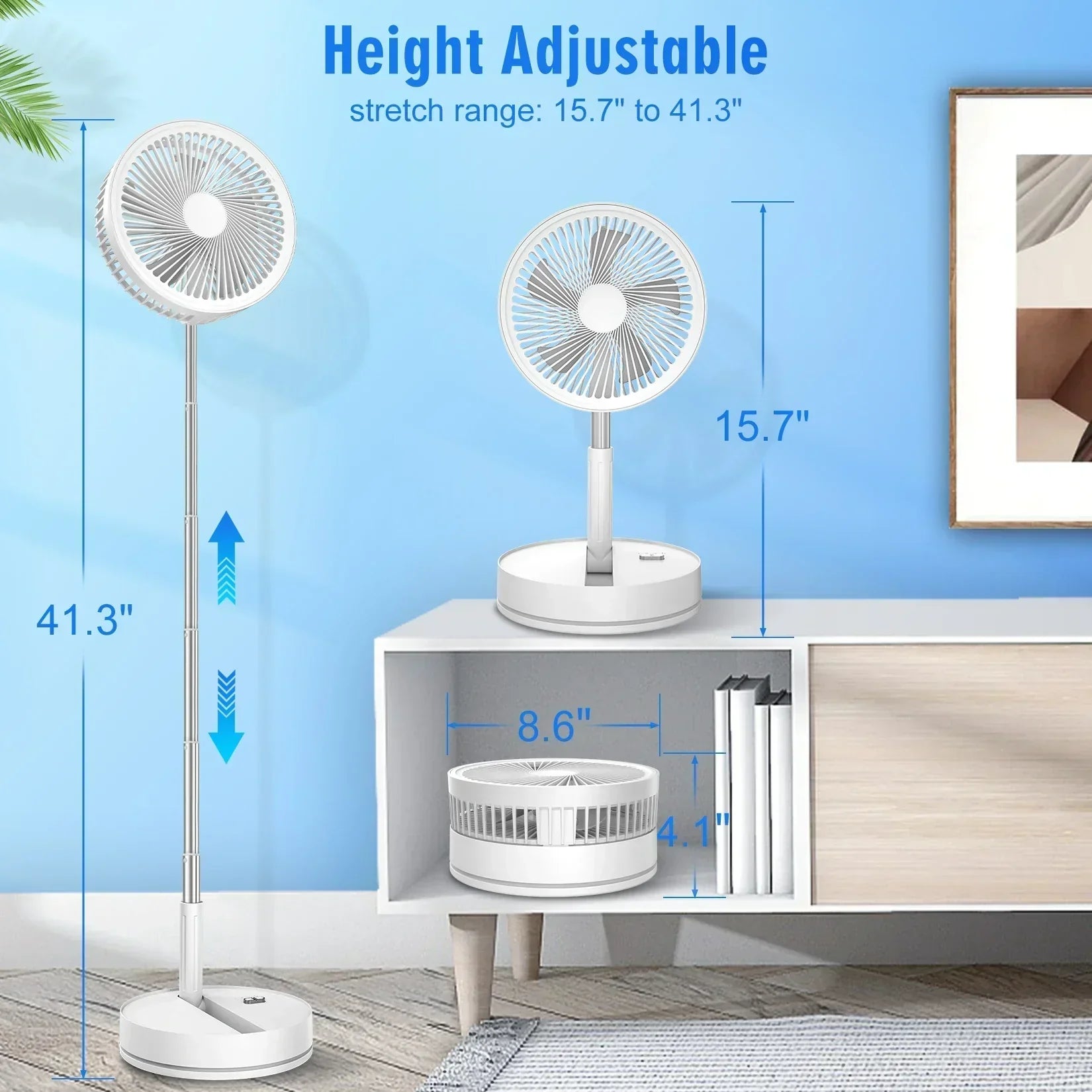 Újratölthető 9 hüvelykes összecsukható álló ventilátor távirányítóval, négy sebességgel, csendes, otthoni és irodai használatra
