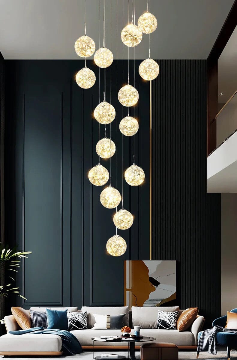 AstraLumen Glass Orb Staircase Chandelier Elevates Stairway Lighting