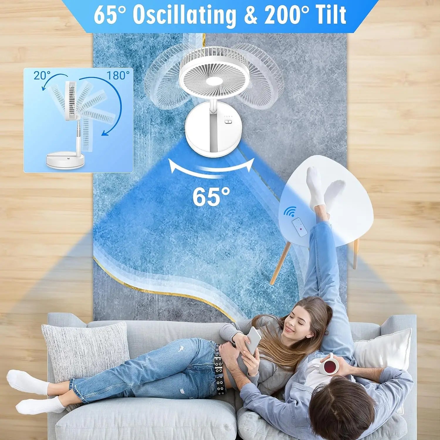 Újratölthető 9 hüvelykes összecsukható álló ventilátor távirányítóval, négy sebességgel, csendes, otthoni és irodai használatra