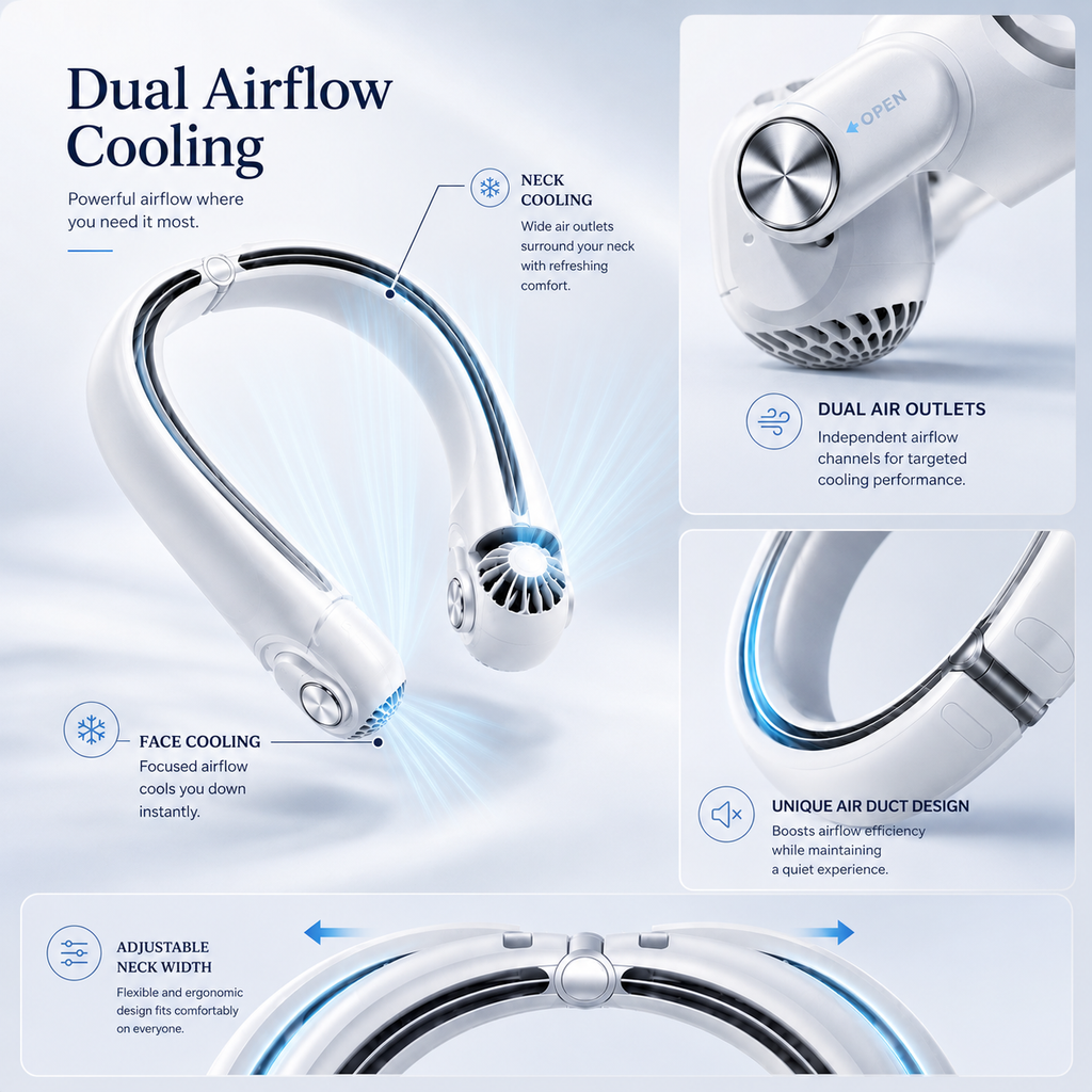 DualFlow nyakventilátor USB-C újratölthető, dupla légáramlás utazáshoz, sporthoz és szabadidőhöz