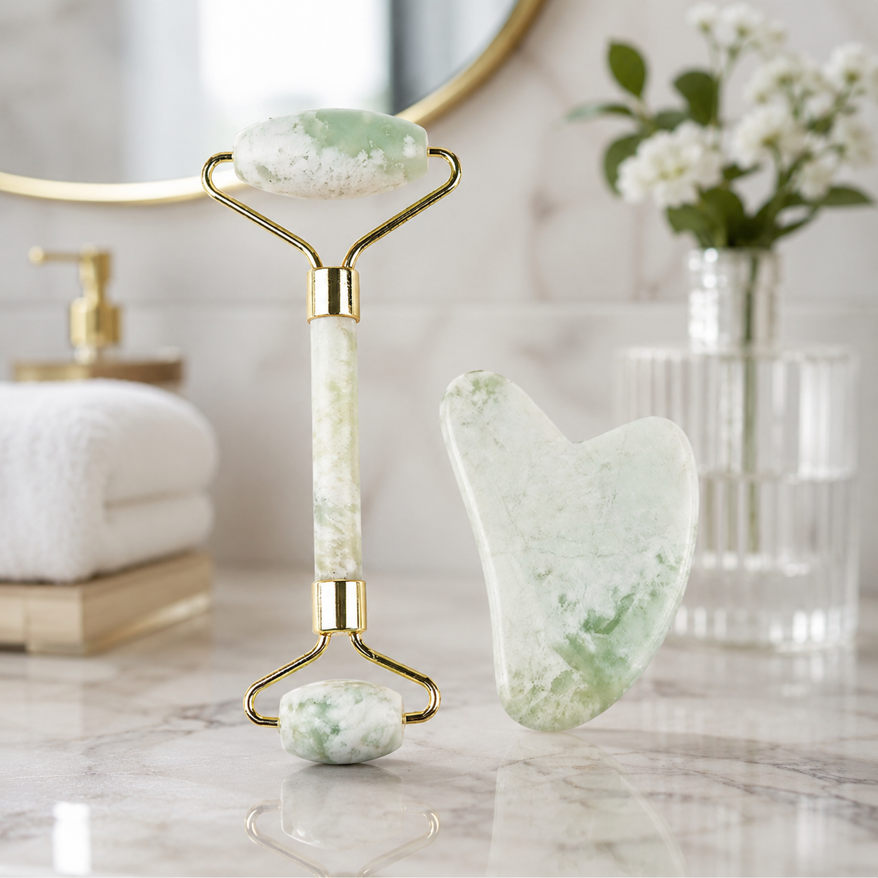 Authentic White Jade Roller and Gua Sha Set