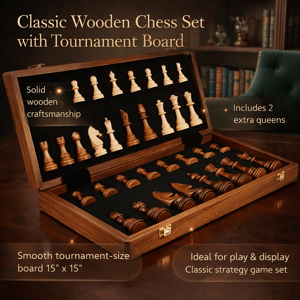 Tournament Board Included In A Wooden Chess Collection With Classic Pieces