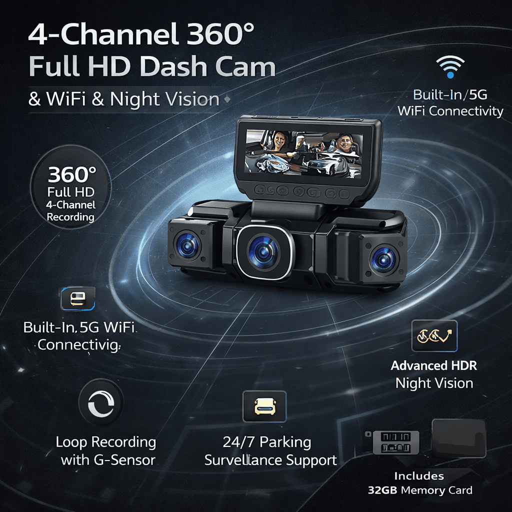 מצלמת רכב 360 מעלות עם ארבעה ערוצים, Full HD, WiFi, ראיית לילה