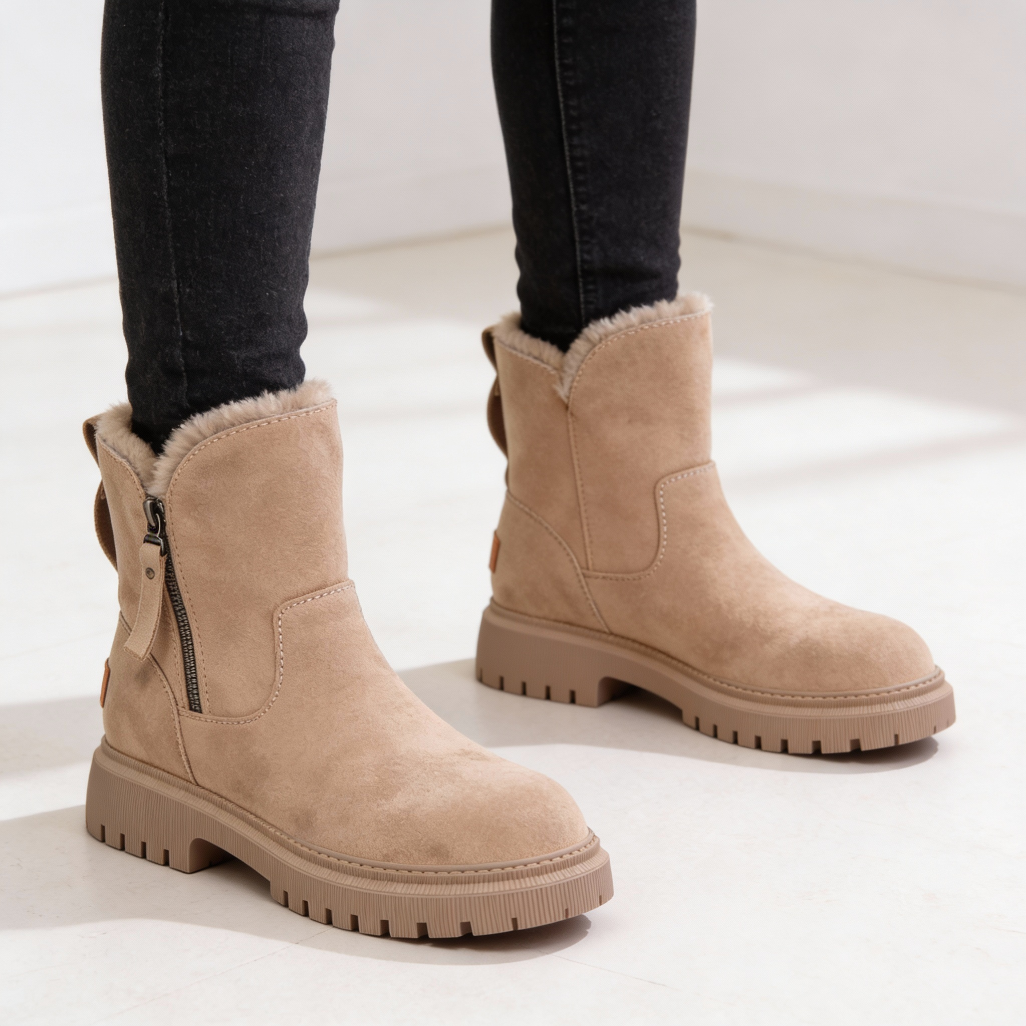 Warm Ladies Winter Boots – Mid-Calf Boots with Fur Lining and Non-Slip Sole