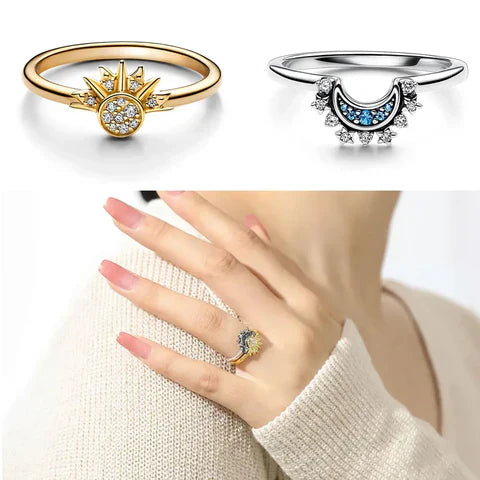 Anillo de Cristal Plateado Lunara con Diseño de Sol y Luna para un Look Celestial Audaz