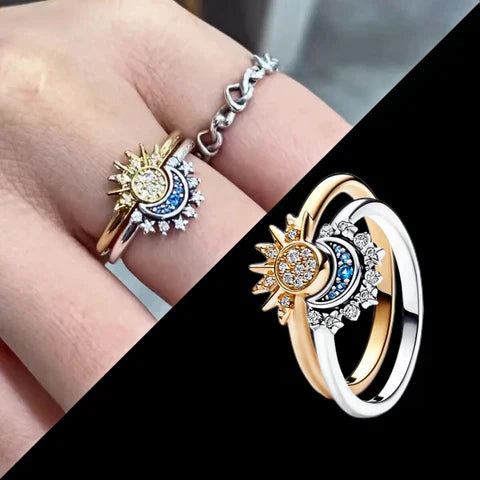 Anillo de Cristal Plateado Lunara con Diseño de Sol y Luna para un Look Celestial Audaz