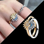 Anillo de Cristal Plateado Lunara con Diseño de Sol y Luna para un Look Celestial Audaz