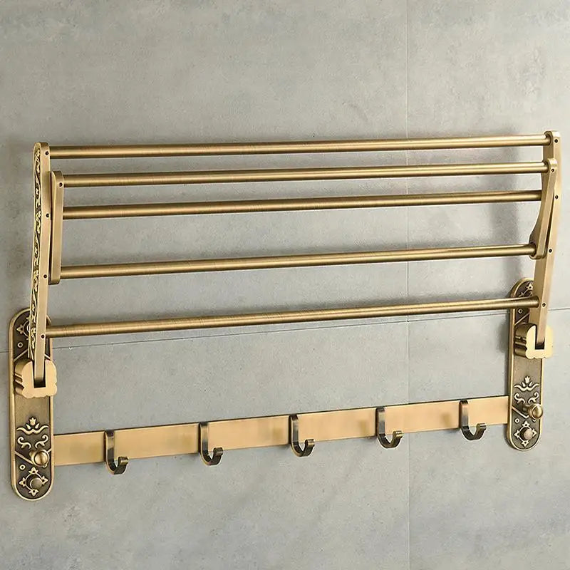 Aluminium sammenleggbar håndklerack med kroker og dobbel hylle