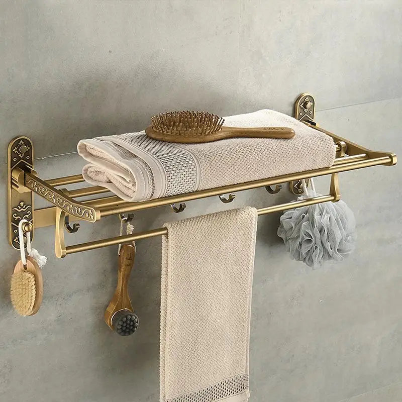 Aluminium sammenleggbar håndklerack med kroker og dobbel hylle