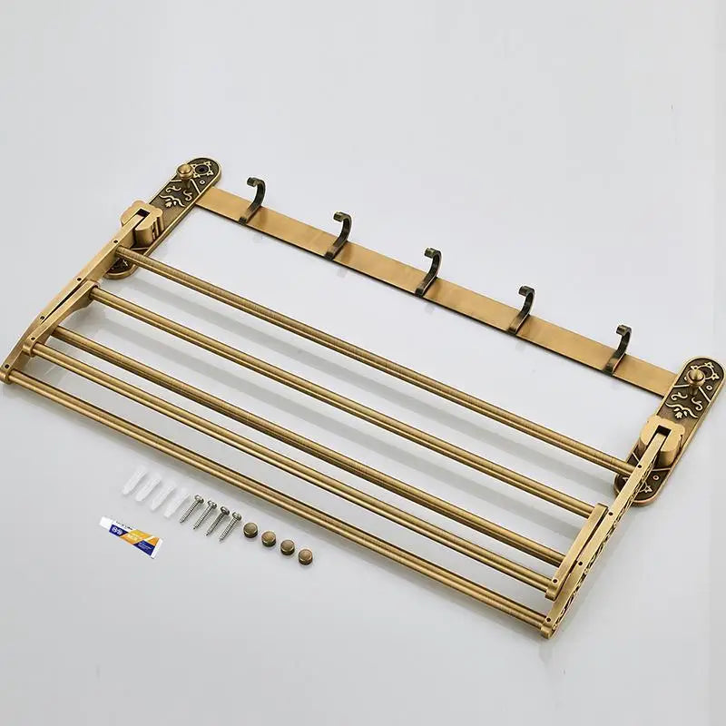Aluminium sammenleggbar håndklerack med kroker og dobbel hylle