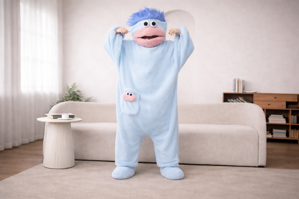 Monster Onesie Nattøjssæt med Overdimensioneret Kam og Matchende Tøfler