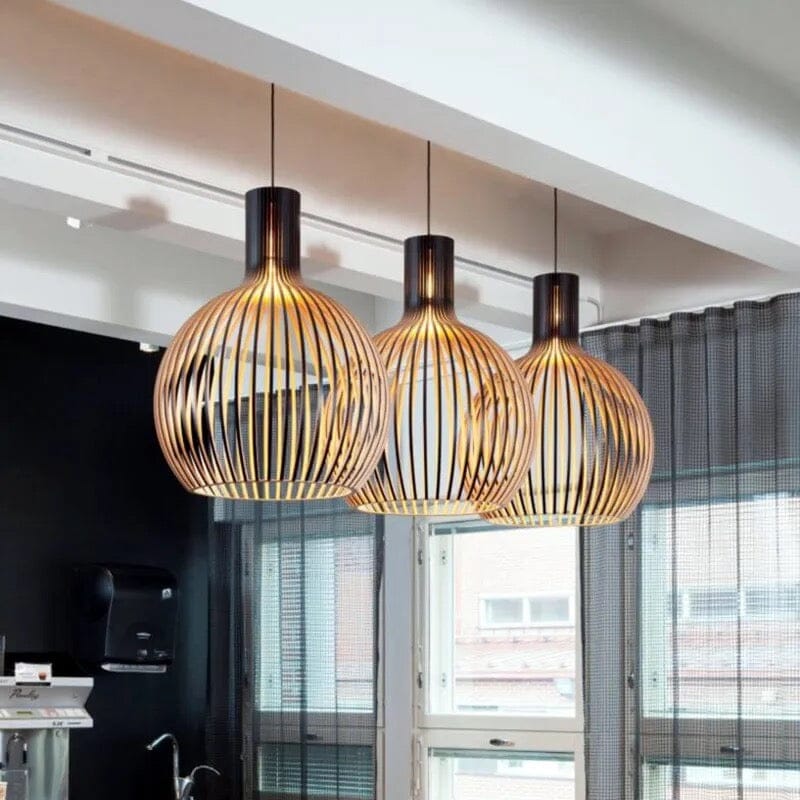 FjordLoom Rustic Wood Cage Pendant Light Adjustable Cord