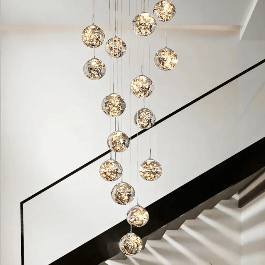 AstraLumen Glass Orb Staircase Chandelier Elevates Stairway Lighting
