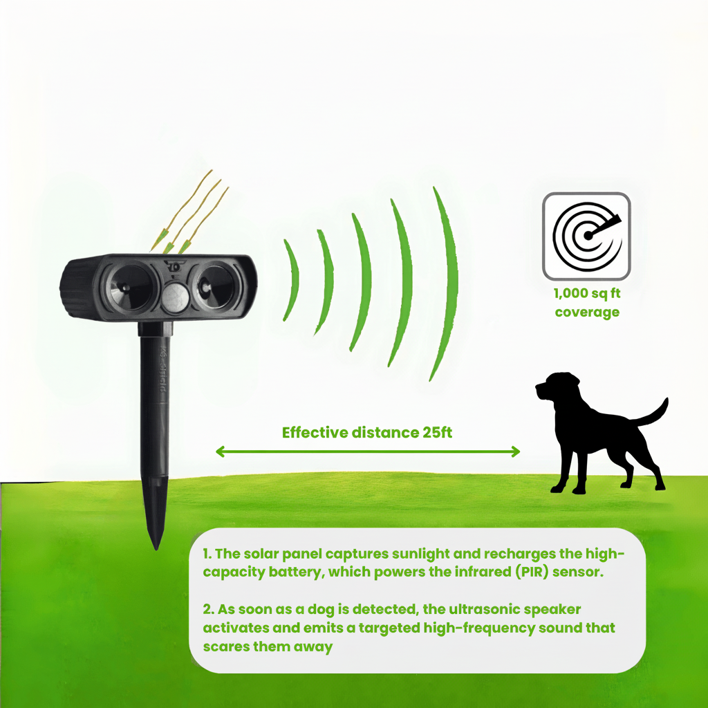 Dispositivo Solar de Disuasão para Cães com Sensor de Movimento para Jardins, Entradas e Espaços Exteriores
