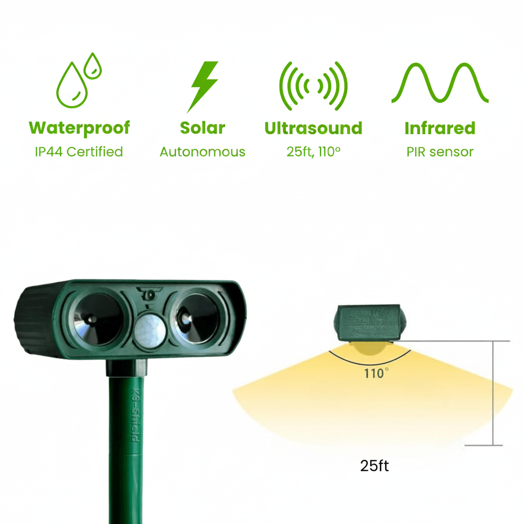 Dispositivo Solar de Disuasão para Cães com Sensor de Movimento para Jardins, Entradas e Espaços Exteriores