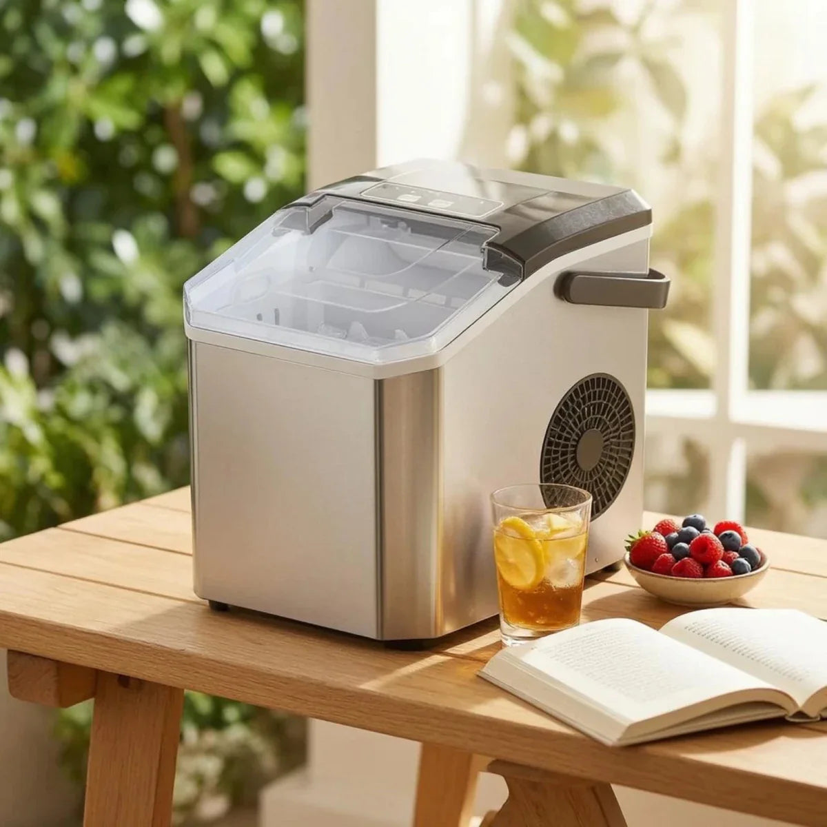 Compact ice machine for fast ice cubes at the push of a button