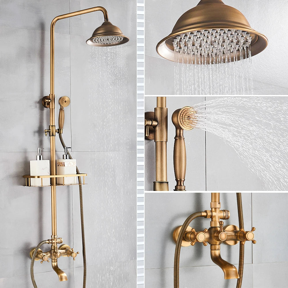 Vintage Copper Shower Set With Brass Faucet And Functional Shower Heads