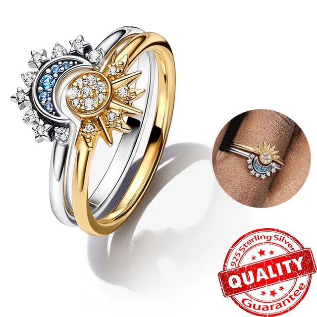 Anillo de Cristal Plateado Lunara con Diseño de Sol y Luna para un Look Celestial Audaz