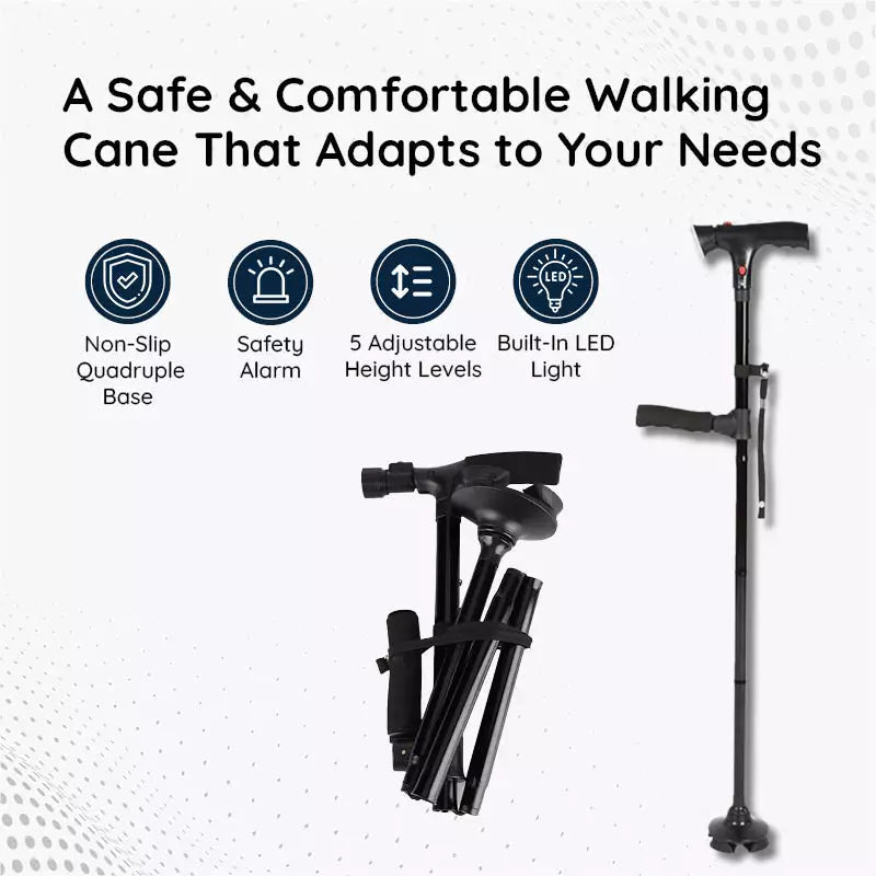 StrideFlex Lightweight Walking Cane With LED And Foldable Design