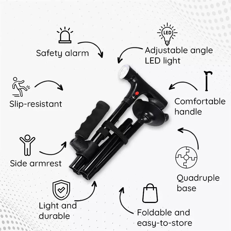 StrideFlex Lightweight Walking Cane With LED And Foldable Design