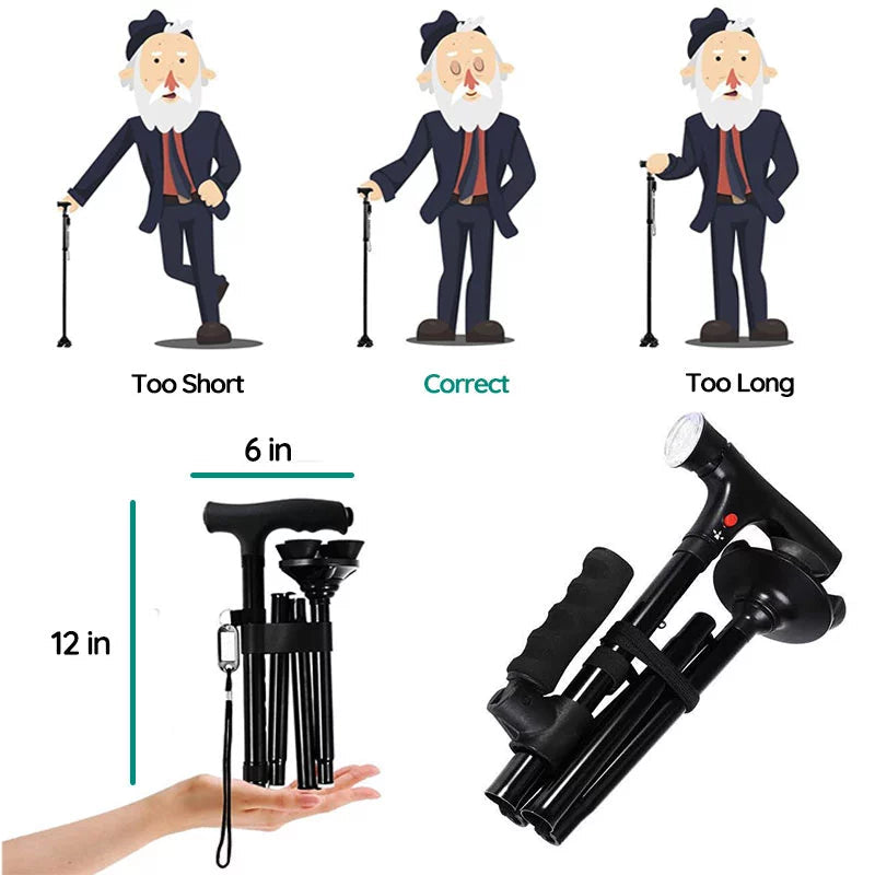 StrideFlex Lightweight Walking Cane With LED And Foldable Design