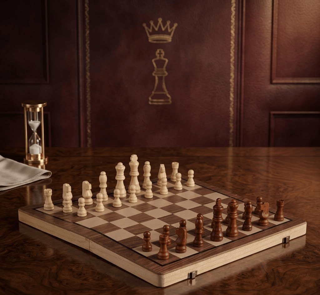 Tournament Board Included In A Wooden Chess Collection With Classic Pieces