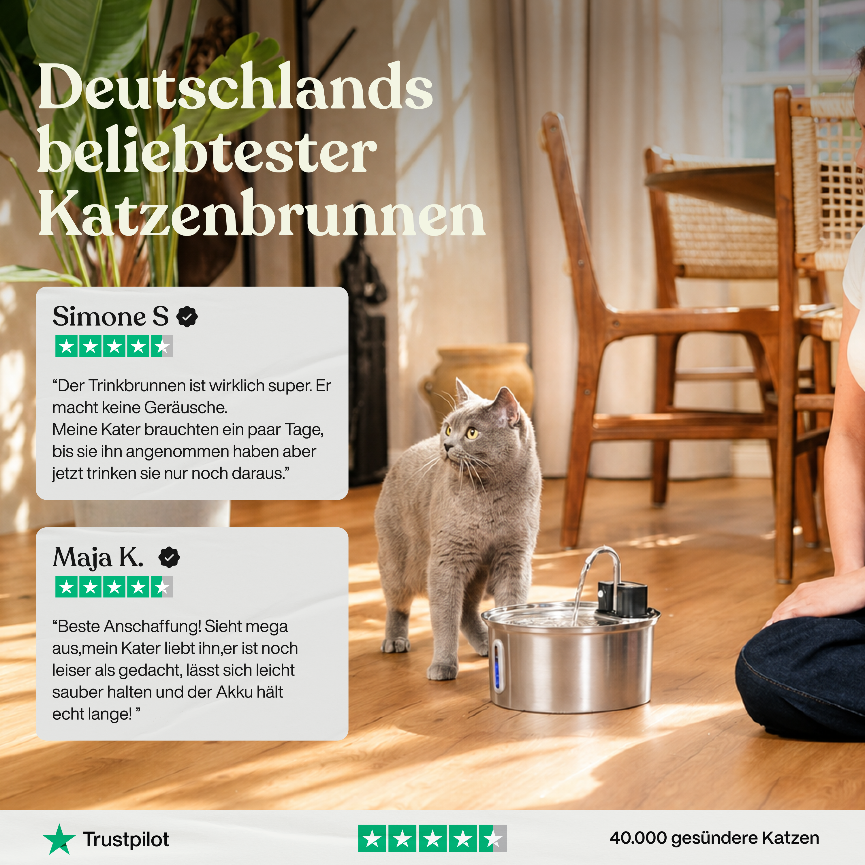 Trådløs kattevandfontæne i rustfrit stål med bevægelsessensor