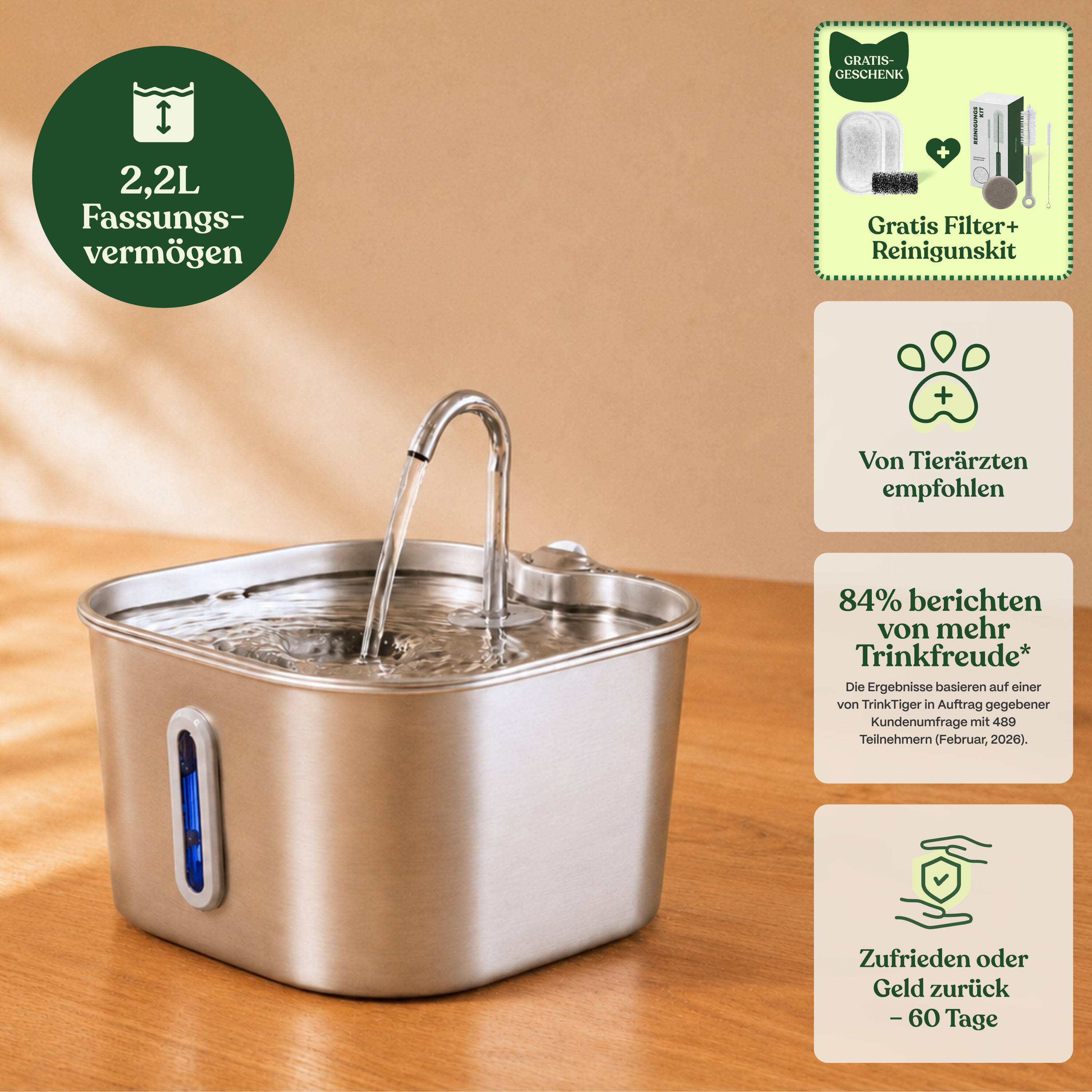 Compact Stainless Steel Cat Water Fountain with Silent Pump