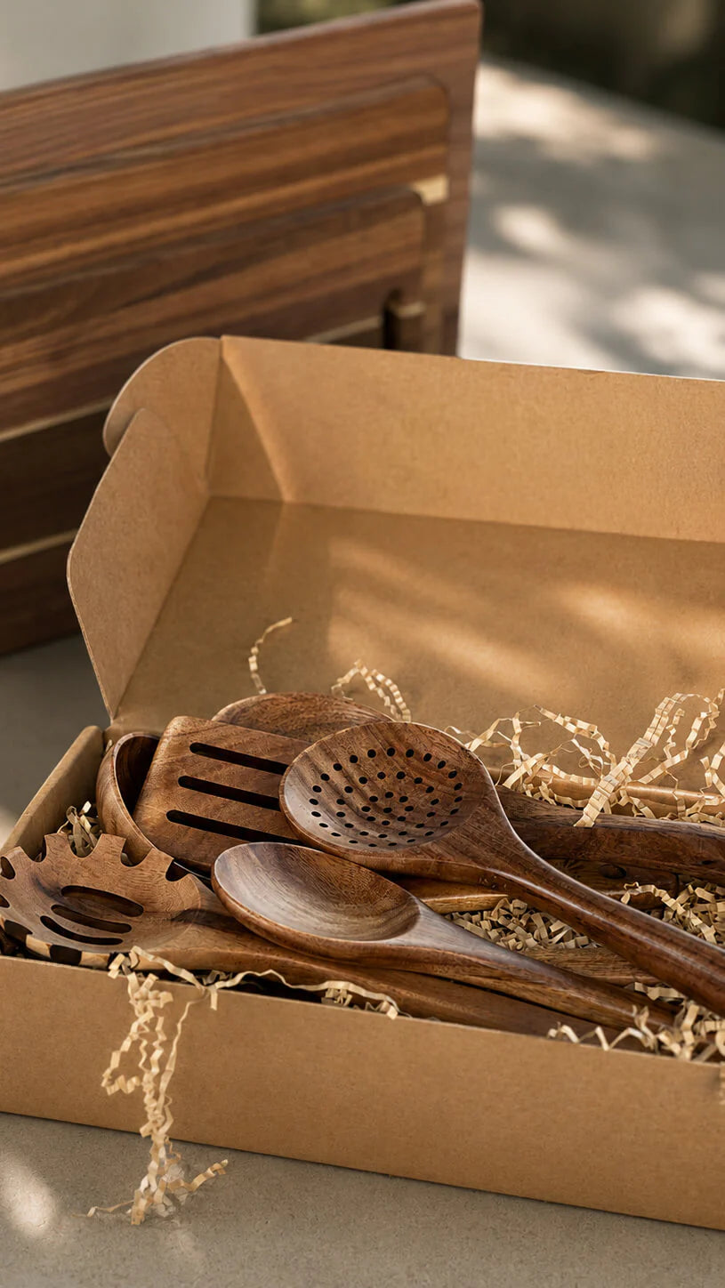 Conjunto de 9 Peças de Utensílios de Cozinha em Teca Natural